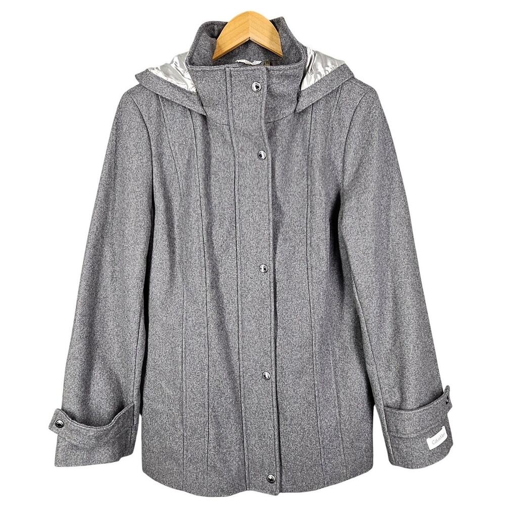 CALVIN KLEIN WOMENS GRAY WOOL BLEND PEACOAT SIZE 12 DETACHABLE HOOD